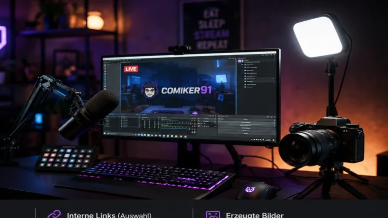Modernes Streaming-Setup mit Mikrofon, Kamera, Licht und Monitoren