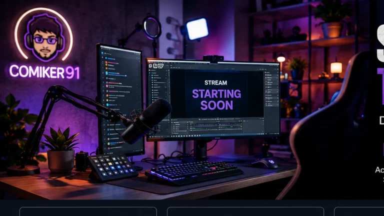 Modernes Twitch-Streaming-Setup mit Monitoren, Mikrofon und Beleuchtung