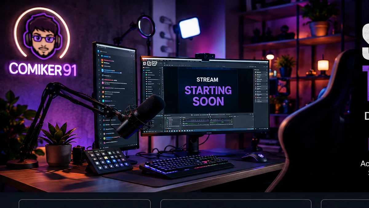 Modernes Twitch-Streaming-Setup mit Monitoren, Mikrofon und Beleuchtung