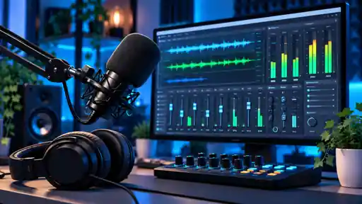 Mikrofon, Kopfhörer und Audiomixer vor einer digitalen Audiooberfläche